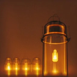 fireflies in a lantern, many ghostly lights inside a belljar, fairy lights, polaroid, symmetry, luminescent glow, moody, tender, photorealistic, octane render, golden hour