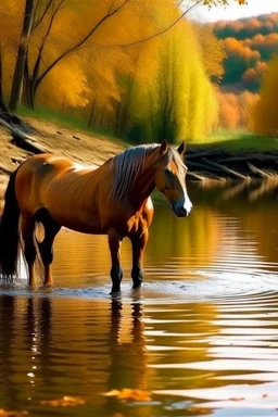 a horse drinking from the river in autumn