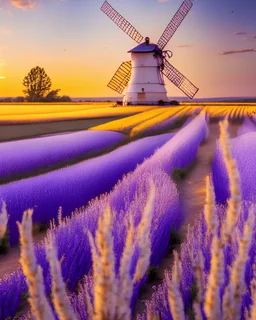 A peaceful lavender field at golden hour, with honeybees buzzing around, and a charming windmill in the distance.