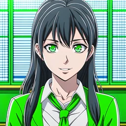 Anime-realisim drawing a of a female mean teacher with medium length black hair and blue eyes in a school background behind a green chalkboard with a black or gray outfit