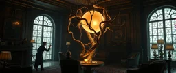 Lotsa goths trying to contain energy from floating glowing vessel made by twisted snakelike sticks creating weird geometric form in dramatic scene in luxury parlour in the style of Giger and Escher