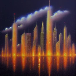 Painting of Skyscrapers. City at night. Big umbrellas. Umbrellas casting shade. From the sky umbrella fall. Umbrellas falling from sky. Open umbrellas. Umbrellas in air. in background Fire as rain. Fire surrounds city. Fireballs falling. Flames in horizon. Clouds that look like fire. Rain that looks like fire.