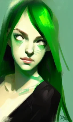 girl, cute, beautiful, green hair, casual clothes, head and shoulders portrait by Greg Rutkowski