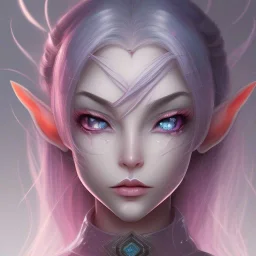 An elf, with crystal blue eyes, and dark pink hair, teardrop shaped eyebrows, woman, angry expression, anime style