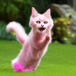 pink fur cat chase butterfly on lawn highly detailed