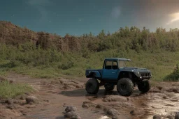 redshift style, photorealistic macro shot, black toy RC off-road trucks climbing a very steep huge boulder, earth color palette, sunset, sharp focus, puddle reflection, refraction, god rays, very rocky terrain, very huge boulders, boulders, detailed and intricate, intense cinematic composition