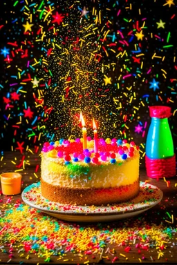 birthday cake with confetti and fireworks in the background