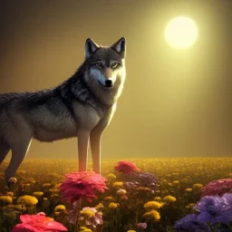 a wolf standing among flowers, sunlit, flickering light, stunning, beautiful, sharp, crisp, 8k resolution, centered, high-quality, ultrafine-detail, digital art, detailed matte, volumetric lighting, illustration, 3D octane render, brian froud, howard lyon, ben goossens, George Grie, alphonse mucha