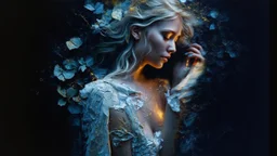 old paper worn edges, Fantastic blonde - mother nature, her skin is scales, golden tears, hyperrealism, sharp focus, 8K, hyperrealist, ultra HD, textured textures, alcohol ink, fine rendering,