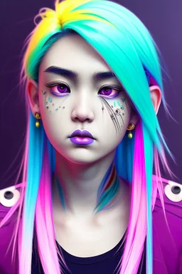 asian cool stylish, billie elish lookalike, with piercings,rainbow hair, androgynous look, epic colour treatment, cinematic colour treatment, meticulously intricate perfectly symmetrical extremely detailed, pixiv daily ranking, pixiv, extreme depth of field, artstation, spectacular details, volumetric lighting, masterpiece, cinematic, Hollywood production, 8k resolution, high definition, max octane render, vivid colors, max resolution, max perfectionism, realistic composition, professional photo