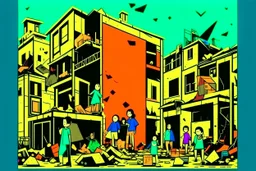 Gaza, edificios en ruinas, niños, mujeres y hombres muertos, arte illustriation estilo cubista, calidad ultra, hiperdetallado, 12K