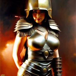 portrait ' Sexy Extra busty Power Girl naked ',ancient metal armor and Helmet ,painting by gaston bussiere, greg rutkowski, yoji shinkawa, yoshitaka amano, tsutomu nihei, donato giancola, tim hildebrandt, oil on canvas, cinematic composition, extreme detail,fit full head inside picture,16k