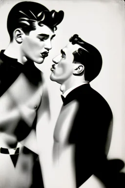 black and white photo of two men kissing, pop art background 1950s