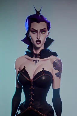 Rita Hayworth as evil queen in black leather, leather, busty, cleavage, angry, stern look. character design by cory loftis, fenghua zhong, ryohei hase, ismail inceoglu and ruan jia. unreal engine 5, artistic lighting, highly detailed, photorealistic, fantasy