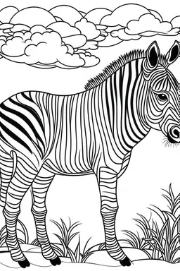 Zebras, with black and white stripes, add a touch of beauty to the plains, clean line art, white background, no shadows, well outlined, for kids coloring book, cartoon style.