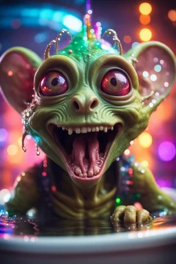 portrait of ultimate transcendent happy disco helmet wested pimp goblin gremlin weasel alien rasta frown with spotlights and huge dripping forked tounge sticking head out of a bathtub portal, in front of space portal dimensional glittering device, bokeh like f/0.8, tilt-shift lens 8k, high detail, smooth render, down-light, unreal engine, prize winning