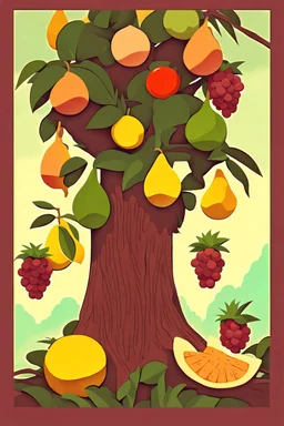 a stylized minimal primitive poster with various exotic anime fruit on a tree, in the style of multilayered realism, film/video, hd mod, massurrealism, architectural exterior, color moebius, elliptic