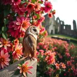 Adobe Promp: On a wall, a close up of a barn owl, side view, in a lavish background of blooming passion flowers. In the background in the distance an old ruin. A fisheye effect, a small depth of field, a sloppy look, a vintage atmosphere. a botanical image. Glamour glow, beautiful light.