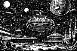 abandoned militias space base outpost interstellar travel port. unidentified flying object spaceship landing on moon. red-eyed bejeweled royal amphibious humanoid. high contrast black & white illustrations. mid century. distinctive mad magazine parody cartoon comic book drawings world class. top notch