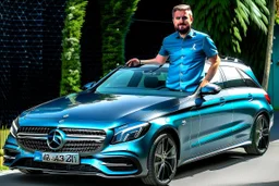 Foto aus dem Jahr 2020, typischer Mercedes-Benz-Fahrer steht stolz neben seinem Mercedes Shooting Brake