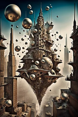 a stunningly weird image of a futuristic metropolis using Salvador Dali's paranoiac-critical method, where buildings and structures appear to melt into the skyline cityscape is filled with floating balls and triangles and mad, twisted sharp metal shapes that interact with the buildings and each other, forming a surreal tableau of a dreamlike reality. neu-steampunk vibe, essence of the scene in a cinematic manner, with dramatic shadows that enhance the distorted perspectives and bizarre