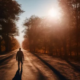 view of long road , man walking with blood hand , sun is blury