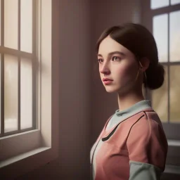 Study girl in university by the window ,movie, real photo realistic, unreal engine, cinematic lighting --ar 1:1 creative