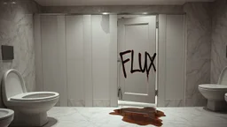 a nice restaurant men's room with marble floors and walls, a row of clean white bathroom stall doors, but one of the stall doors is dystopian, dented, grey, and hanging loose on one hinge with spraypaint graffiti text "FLUX" and puddle of dirty water leaking below the door, concept art, hyperreal