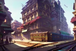 Train over corner building+Hanoi train+corner building +A greengrocer in colorful genoa street+Italian medieval town +Italian city sea+alphonse mucha, greg rutkowski,matte painting, cryengine, hyper detailed, felix kelly, fantasy art, seb mckinnon