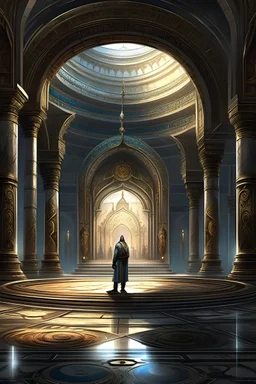 fantasy art, a man stand, a palace, a time portal