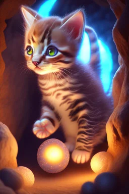 extremely cute glowing kitten is playing in a cave with balls, fantasy highly detailed photorealistic very attractive beautiful