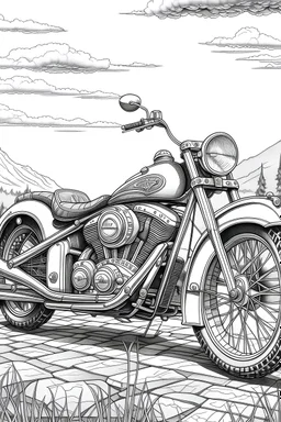 A vintage motorcycle coloring page in black and white, featuring a classic Harley Davidson, intricate line art showcasing every detail of the bike from its handlebars to exhaust pipes, set against a backdrop of an open road disappearing into the horizon, evoking a sense of freedom and adventure, Artwork, ink drawing on paper
