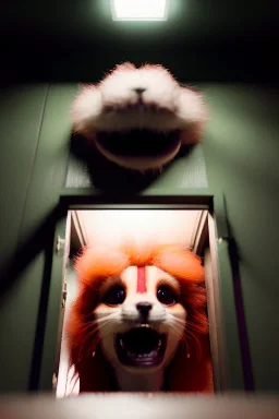 realistic open closet with furry monster inside. Wes Anderson style. Red hair, smile, happy, gradient color fog. highly detailed, concept art, unreal engine 5, ray tracing, RTX, lumen lighting, ultra detail, volumetric lighting, 3d, finely drawn, high definition, high resolution.