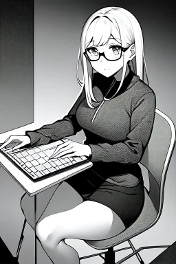 girl with glasses works on a laptop sitting in a cafe, line arts, greyscale