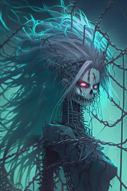 female lich with barbed wire as hair, anime style, depth of field, nvidia graphics, lightrays, trending art, movie poster