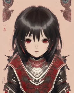 Detailed anime child girl, dark brown hair, black and red dragon scale armour, intricate details, full body portrait, keep head in frame, slight smile, black Japanese motif, concept art, highly detailed, digital painting, concept art, sharp focus, illustration, art by Yoji Shinkawa, WLOP and greg rutkowski and alphonse mucha and artgerm and yanjun Chen and Junji ito and Makoto Shinkai, HDR, octane render