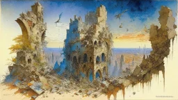 Destroyed City, medieval ruins, debris, stone, breched, brocken, Perspektiv from the sky, by Jean-Baptiste Monge, Ivan Bilibin, Albert Bierstadt, Reza Badrossama, watercolor, intricate details, fantasy, beautiful, oil on canvas, award winning, imperial colours, fantastic view, radient colours, very attractive, crisp quality