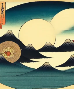 Ukiyo-e art, mountains with a sun in the background