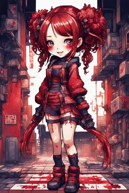 anormal, smile, blood, girl cute, full body, beautiful cyberpunk petit girl, hyperdetailed, behind made 8bits and Pixel Art, watercolor illustration by <Katsushika Hokusai>, darkred tones,