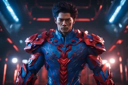 Shao Kann in a mega cool iron super blue + Red suit with on his arms and shoulders, hdr, (intricate details, hyperdetailed:1.16), piercing look, cinematic, intense, cinematic composition, cinematic lighting, color grading, focused, (dark background:1.1)