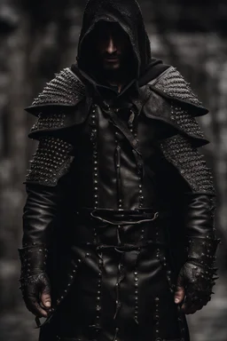 hooded man wearing studded leather armor