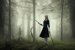 full-height shot of a young witch in a tight black skirt, in a wood, with mist