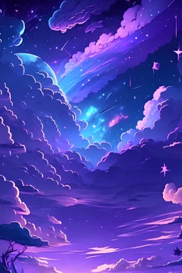 Midjourney style of detailed and intricate background theme | anime, cartoon style, 2d, morning vibe with cloud | aurora lighting | nebula and stars | stunning environment, galaxy, purple and blue mood
