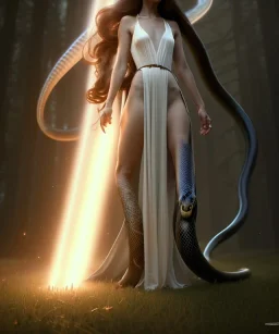 Holy Virgin, celestial light, beautiful, long fabric dress, beautiful long black hair to the waist, big snake around body, grabbing snake, head and shoulders portrait, 8k resolution concept art portrait by Greg Rutkowski, Unreal Engine 5 volumetric lighting