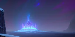 Huge stone temple in a Mountaintop cliffside, aurora borealis, fantasy, snow storm