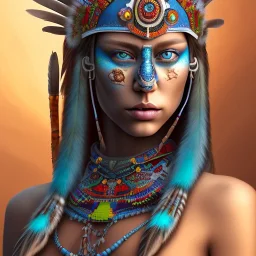 war painted pueblo Indian female,detailed eyes, blue eyes,, disturbed expression.intricate detailethnically accurate face, intricate head dress, detailed make-up, detailed turquoise jewelry, detailed hair, detailed feathers, use dynamic palette, accurate proportions, high contrast black smokey bokeh background.studio ghibli,andrea bonelli,Kilian Eng,Ohrai, korra character, style.