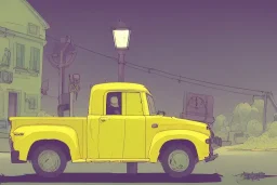 a study of cell shaded cartoon of a yellow truck on a country road, street lamps, road, illustration, wide shot, subtle colors, post grunge, concept art by josan gonzales and wlop, by james jean, victo ngai, david rubín, mike mignola, laurie greasley, highly detailed, sharp focus, alien, trending on artstation, hq, deviantart, art by artgem