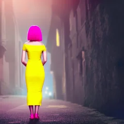 Beautiful lonely girl who walks along a street without people at dawn. You see her from behind. She wears a very short yellow dress. She has short pink hair with glowing crystals. Full body, 8k resolution concept art. Professional Photo HD. Stylish. Warm vivid colors. Panoramic