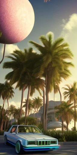 1980's aesthetic vaporwave palm trees with spheres and car