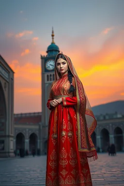 "A hyper-detailed digital painting of a young woman in traditional Azerbaijani folk costume standing in Tabriz Saat Square. She wears a floor-length crimson, gold, and sapphire embroidered dress with intricate embroidery, a translucent patterned ropush (scarf) draped over her head revealing braided hair with silver guppu (coins). The composition follows the rule of thirds, with the 19th-century clock tower framing her silhouette against a gradient sunset sky of tangerine and lavender. Ultra-deta